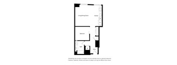 A black and white floor plan of a small apartment with a living/dining room, kitchen, bedroom, and bath.