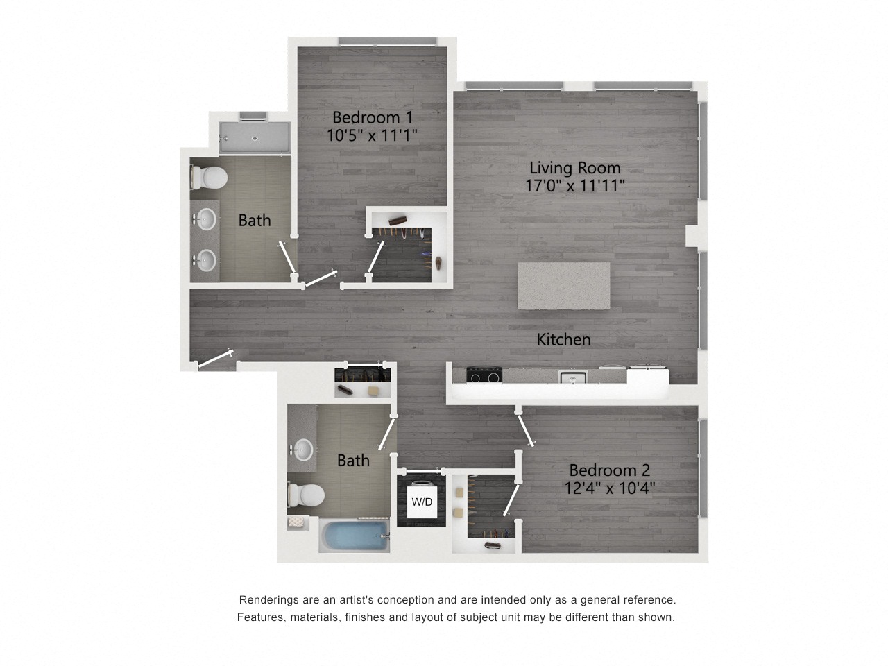 C3 2 bed 2 bath 1048 square feet floor plan