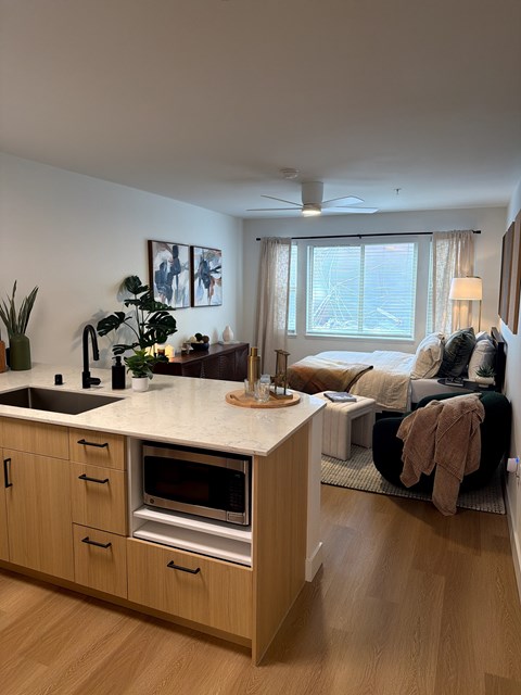A modern kitchen with wooden cabinets and a marble countertop.