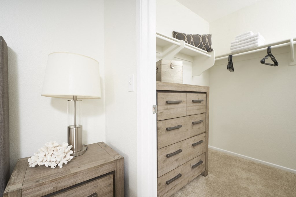 Apartments Thousand Oaks, CA - The Knolls - Walk-In Closet With Carpet Flooring, Wooden Dresser, And Built-In Shelves