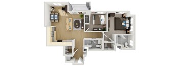 A 3D floor plan of a house with various rooms and furniture.