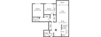 2G - 2 Bedroom 2 Bath Floor Plan Layout - 1107 Square Feet