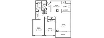 2K - 2 Bedroom 2 Bath Floor Plan Layout - 1350 Square Feet