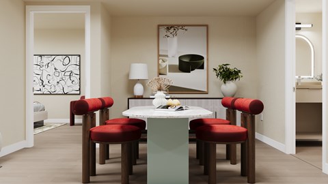 A dining room with a table and chairs at Skyview Sunset Apartments, California, 90046