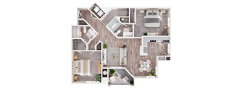 A top-down view of a modern apartment layout with a kitchen, living room, and bedrooms.