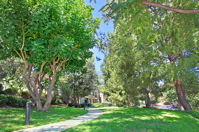 Apartments For Rent In Escondido, CA - Alta Vista - Paved Outdoor Path Along Apartment Complex Surrounded By Manicured Grass and Trees