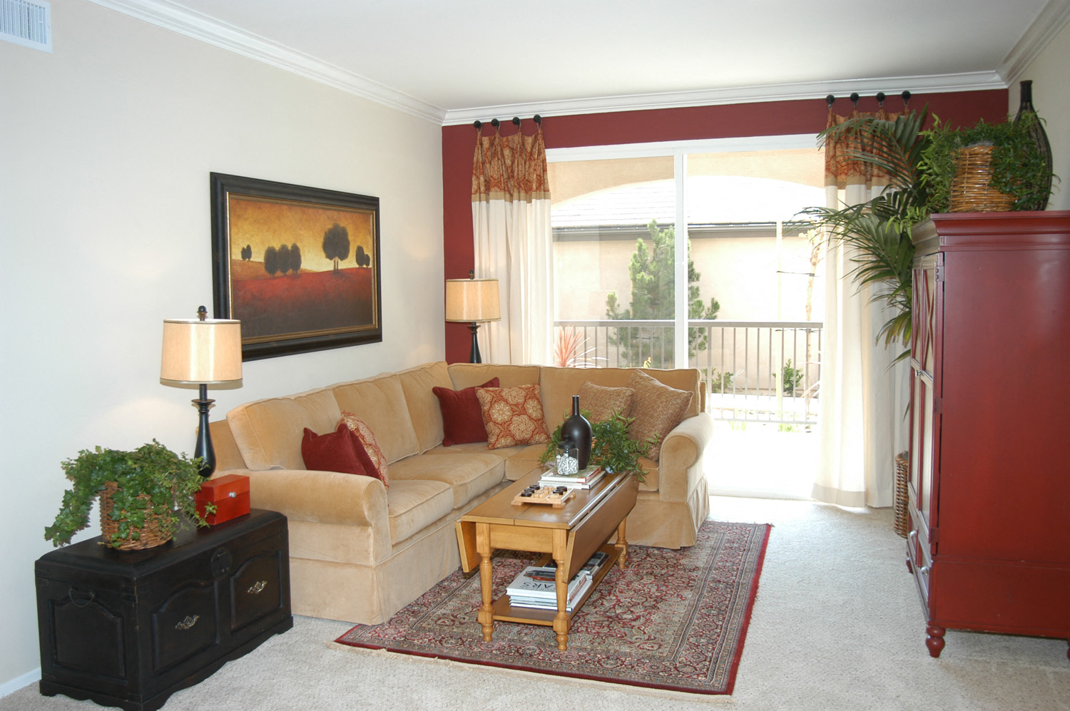 a living room with a couch and a table