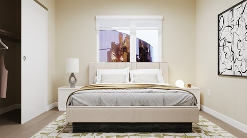 A bedroom with a large bed and a painting on the wall at Skyview Sunset Apartments, Los Angeles, CA