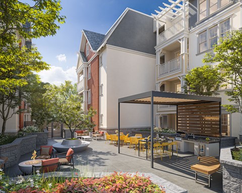 Outdoor Courtyard With BBQ Grill Area, Firepit, Tables And Chairs at Bayswater Apartments, Burlingame, 94010
