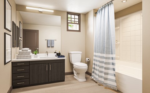 Bathroom rendering with tub and toilet at Bayswater Apartments, Burlingame, CA