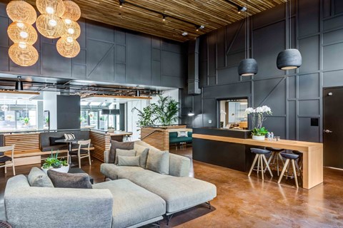 A modern living room with a grey sofa and a wooden ceiling.