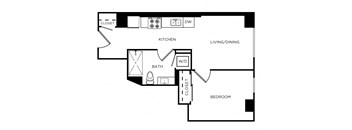 A floor plan of a small apartment with a kitchen, living room, and bedroom.