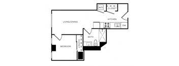 A floor plan of a small apartment with a living room, dining room, kitchen, bedroom, and bathroom.