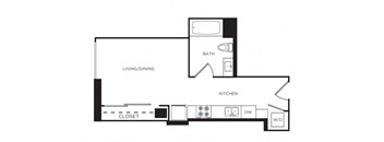 A floor plan of a small apartment with a living/dining area, kitchen, bathroom, and closet.