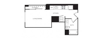 A floor plan of a small apartment with a living/dining area, kitchen, bathroom, and closet.
