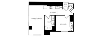 A floor plan of a small apartment with a kitchen, living room, dining room, bathroom, and bedroom.