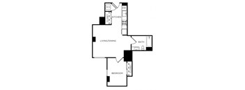 A floor plan of a small apartment with a living room, dining room, kitchen, and two bedrooms.