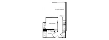 A black and white image of a floor plan for a small apartment.