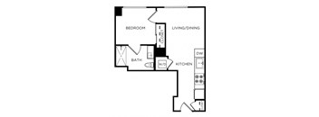 A black and white image of a floor plan for a small apartment.