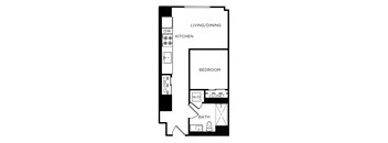 A black and white image of a floor plan for a small apartment.