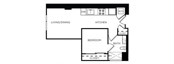 A floor plan of a small apartment with a living room, kitchen, bedroom, and bathroom.