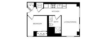 A floor plan of a small apartment with a kitchen, living/dining area, and two bedrooms.