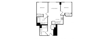 A black and white image of a floor plan for a house with two bedrooms, a living/dining area, a kitchen, two bathrooms, and two closets.
