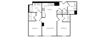 A black and white floor plan of a house with two bedrooms, a living/dining area, a kitchen, a bath, and a closet.