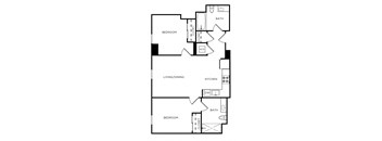 A floor plan of a house with two bedrooms, a living/dining area, a kitchen, and two bathrooms.