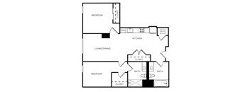 A black and white floor plan of a house with two bedrooms, a living/dining area, a kitchen, two bathrooms, and a closet.