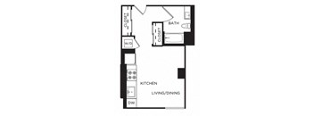A floor plan of a small apartment with a living room, kitchen, and bathroom.