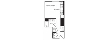 A floor plan of a small apartment with a living/dining area, kitchen, bathroom, and closet.