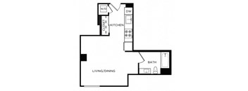 A black and white image of a floor plan for a small apartment.