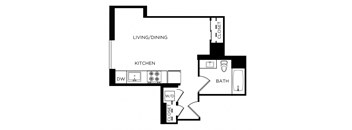 A black and white image of a floor plan for a home with a living/dining area, kitchen, bathroom, and closet.