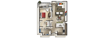 D - 1 Bedroom 1 Bath Floor Plan Layout - 764 Square Feet at MODE, San Mateo, CA, 94403