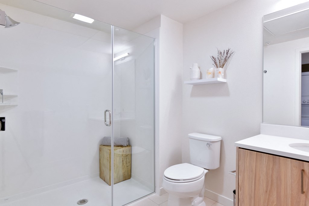a white bathroom with a shower and a toilet