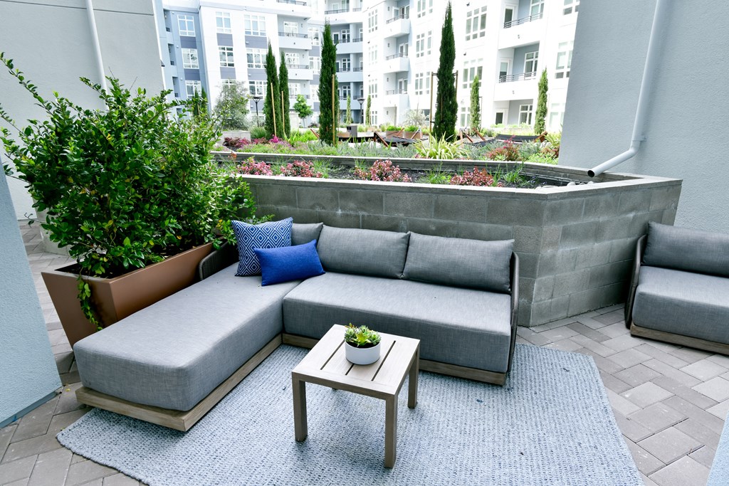 a patio with a couch and a coffee table and plants