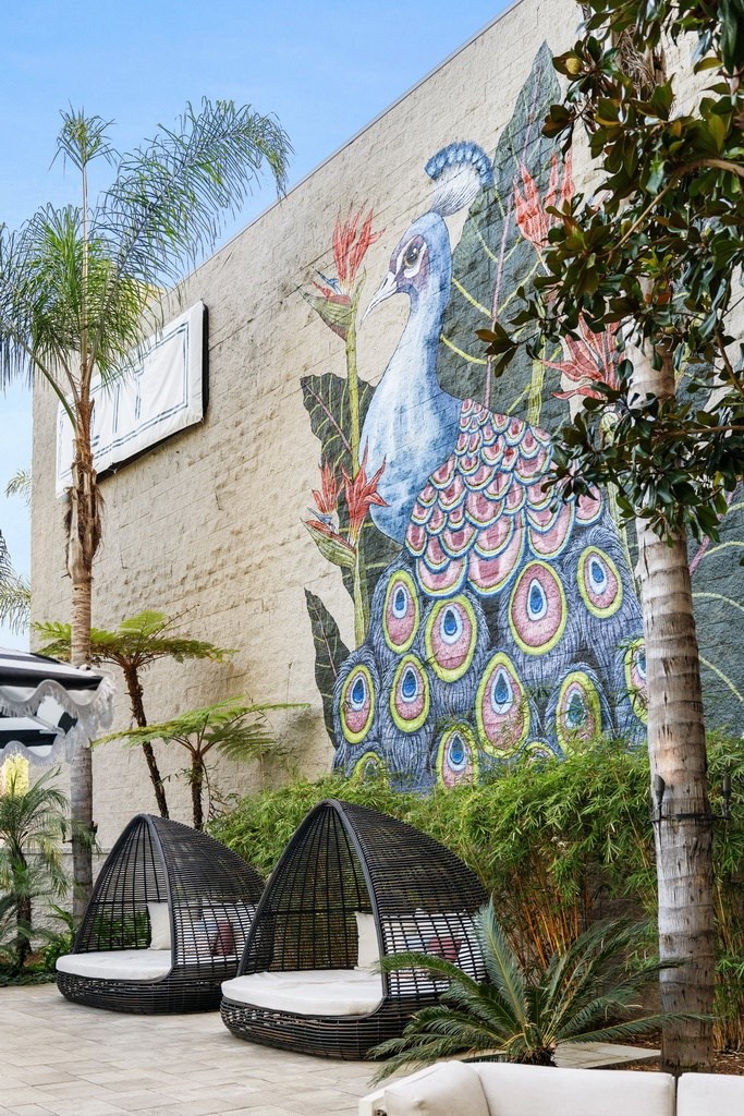 a mural of a peacock on the side of a building with lounge seating