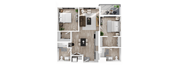 a 1 bedroom floor plan of a bedroom with a bathroom and a living room