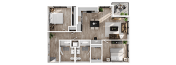 a 3d floor plan of a bedroom with a bathroom and a living room