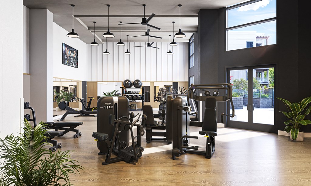 a fitness room with weights machines and a large window