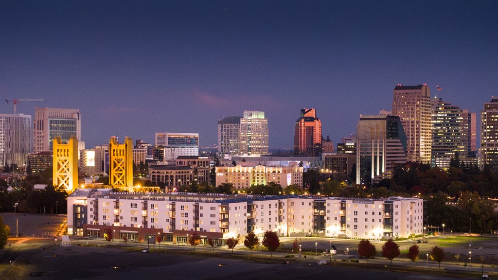 an aerial of 805 Riverfront apartments night shot