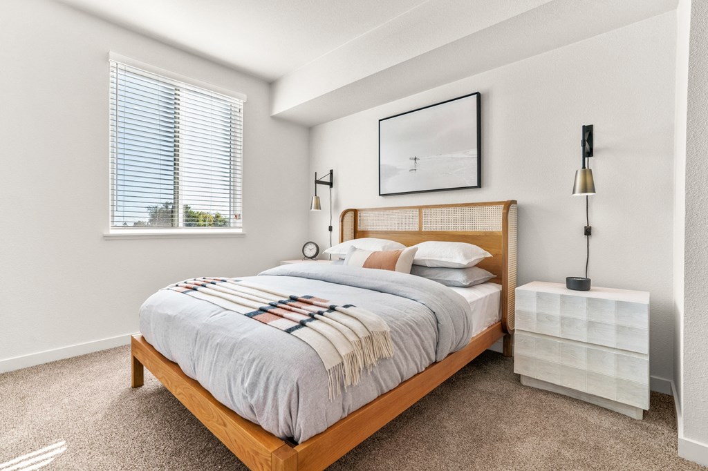 a bedroom with a large bed and a window