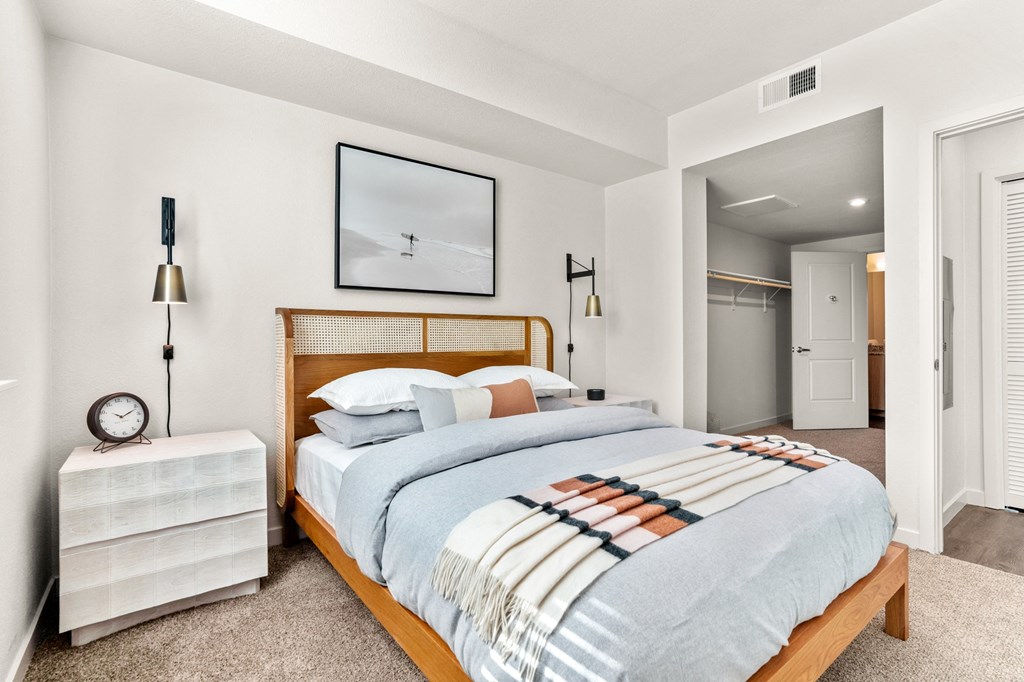 a master bedroom with a large bed and a closet