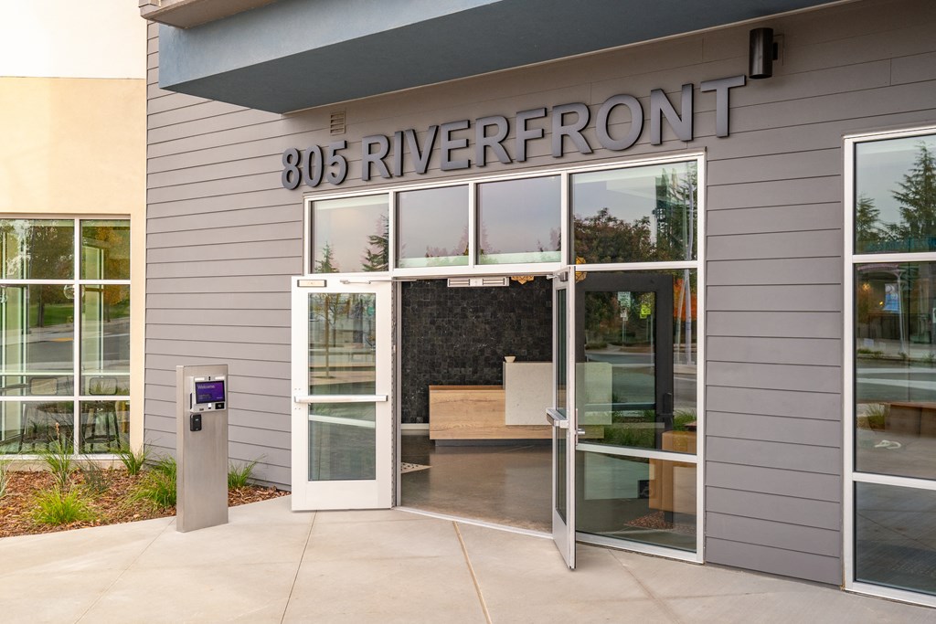 the front entrance of the 90 riverfront building