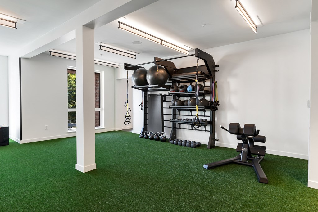 a home gym with green carpet and exercise equipment
