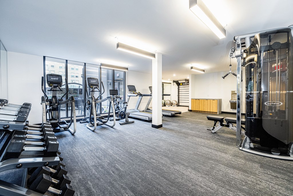 a gym with cardio machines and other fitness equipment