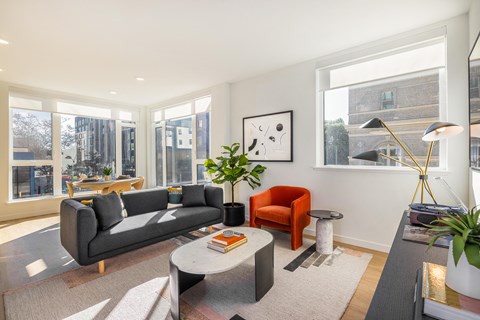 a living room with a couch and a coffee table and large windows