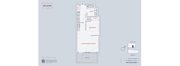 A floor plan of an apartment with a kitchen, living room, bedroom, and bathroom.