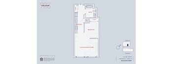 A floor plan of a one bedroom apartment at 932 Folsom Street.